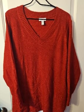 Denim&Co Red V-Neck Sweater with Sparkle